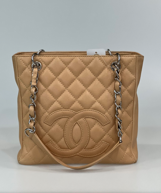Chanel Caviar Skin PST Beige Coco Mark Chain Tote Bag 12s