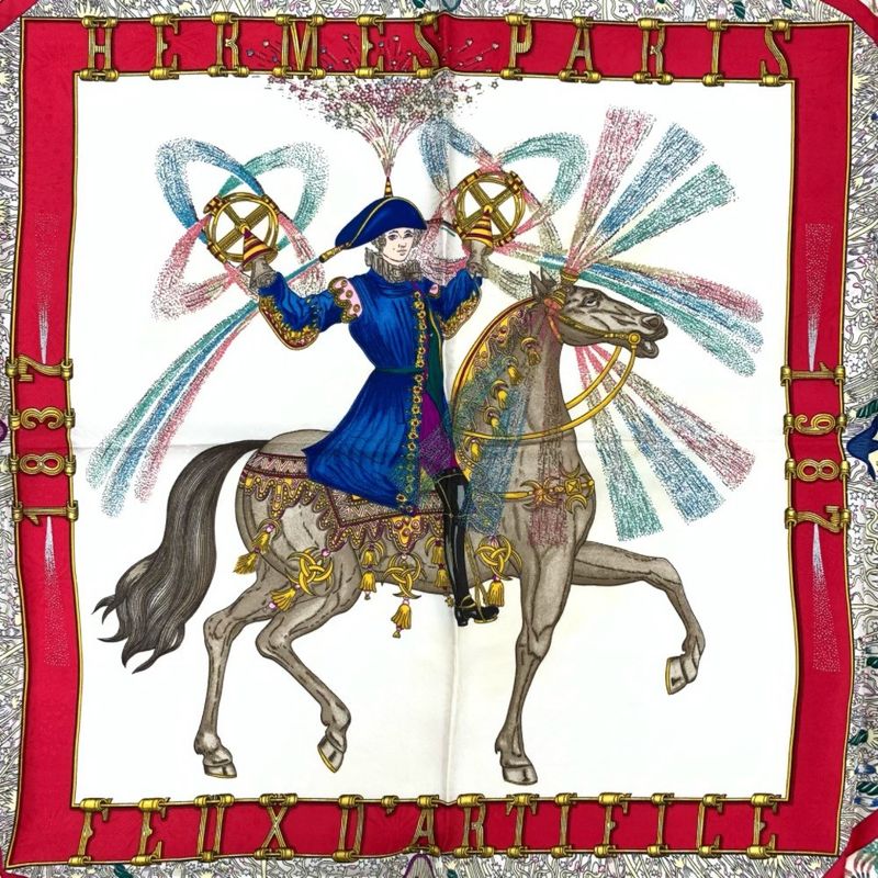 Grade Hermes Carre 90 FEUX Dartifice Flame Of Artistry 1987 Blue Multicolor