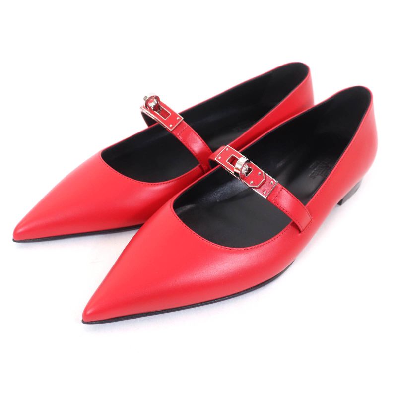 Hermes 25SS 251001z Ballet Shoes Kelly Rouge Vif Kelly Pointed Toe Leather Flat