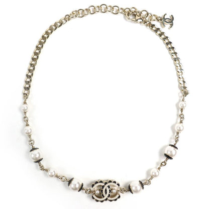 CHANEL Abe157 C24B Coco Mark Pearl Costume Necklace Choker Gold Black White