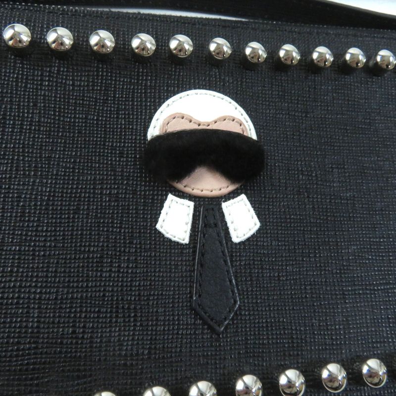 Fendi 8m0341 Carlito Karl Lagerfeld Motif Studded Leather Pouch Black Made In