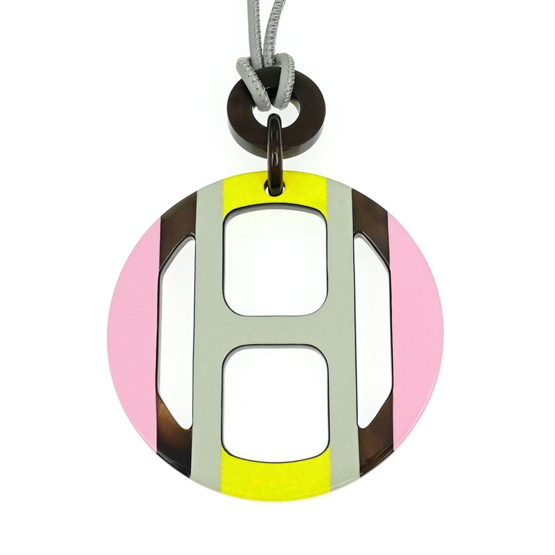 Hermes Necklace H Equipe Buffalo Horn Pink Gray Yellow Pendant