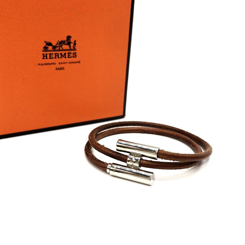 Hermes Bracelet Tourni Leather Brown and Silver Color Used 005090