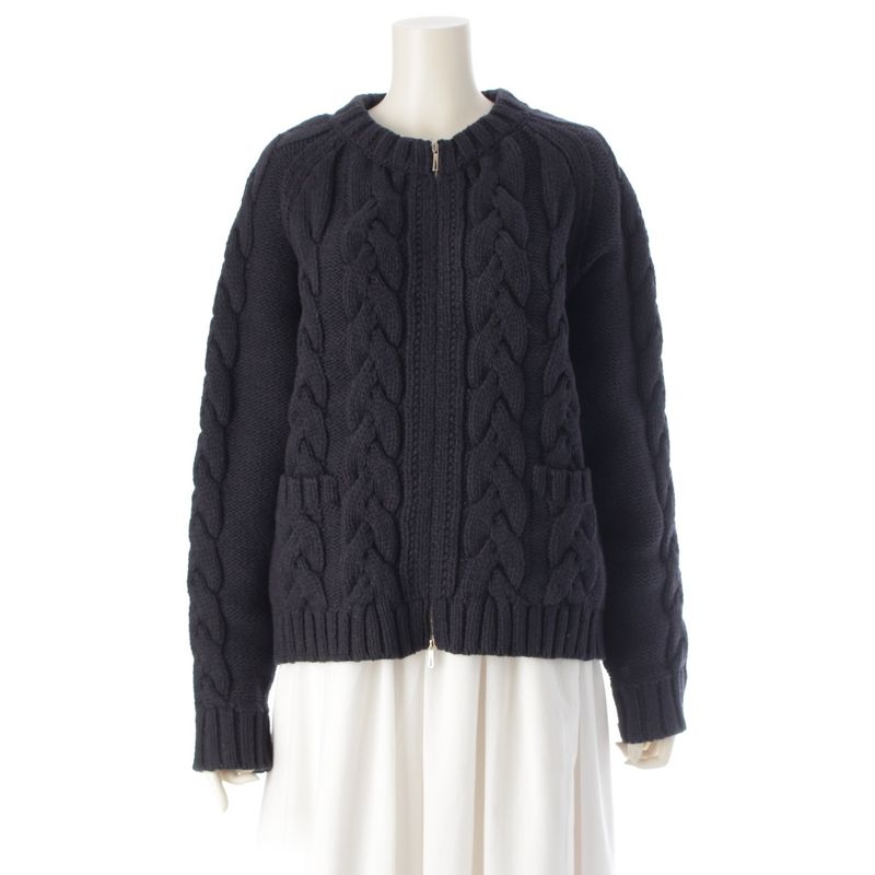 Hermes Wool Cashmere Mix Zip-up Sweater Cable Knit Black 42