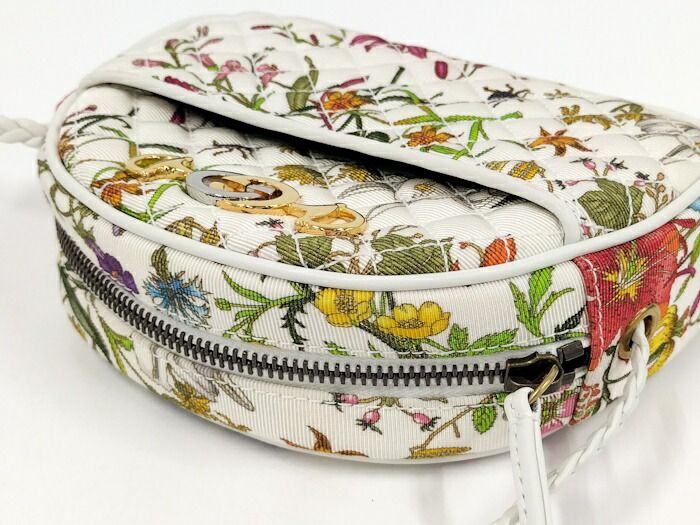 Gucci Flora Mini Shoulder Bag Horsebit Canvas Leather White Multicolor 534951