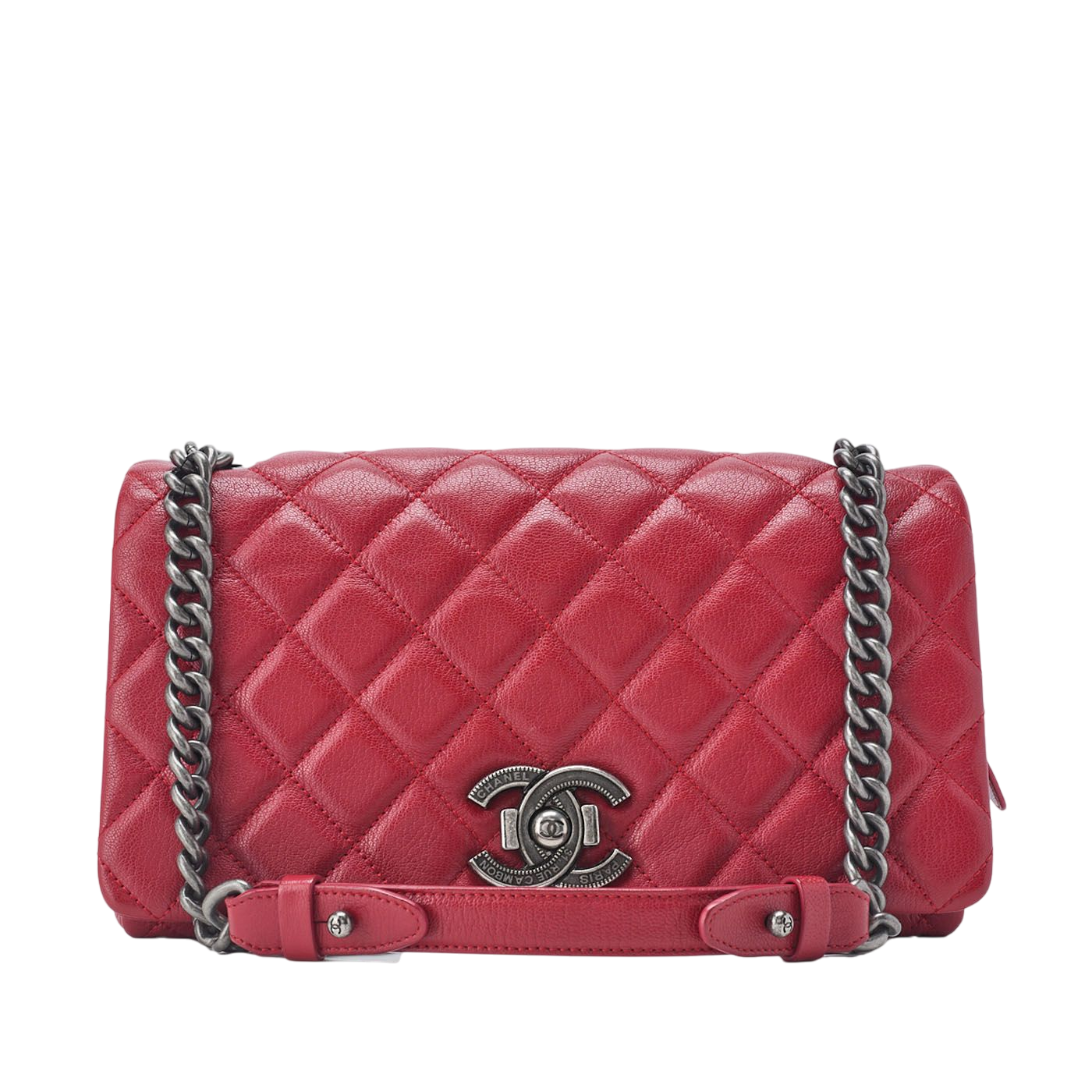 Chanel Matelasse Full Flap Chain Shoulder Caviar Skin Red With Silver Hardware