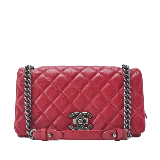 Chanel Matelasse Full Flap Chain Shoulder Caviar Skin Red With Silver Hardware