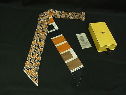 Fendi Lappy 100% Silk Ribbon Scarf Tulley Women Brown Ff7061