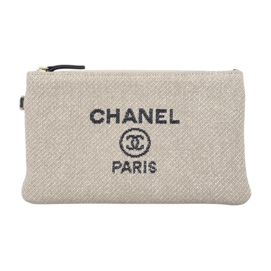 Chanel Tote Bag Deauville MM A67001 Canvas Chain Logo Beige Black Gold Hardware