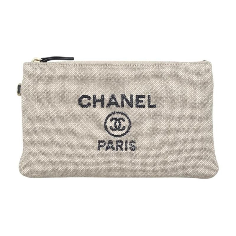 Chanel Tote Bag Deauville MM A67001 Canvas Chain Logo Beige Black Gold Hardware