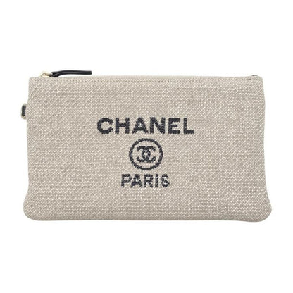 Chanel Tote Bag Deauville MM A67001 Canvas Chain Logo Beige Black Gold Hardware