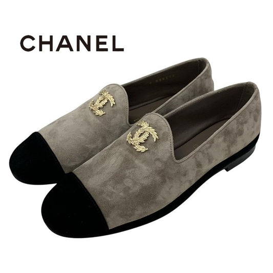 Chanel Flat Shoes Suede Gray Black Gold Coco Mark Loafers