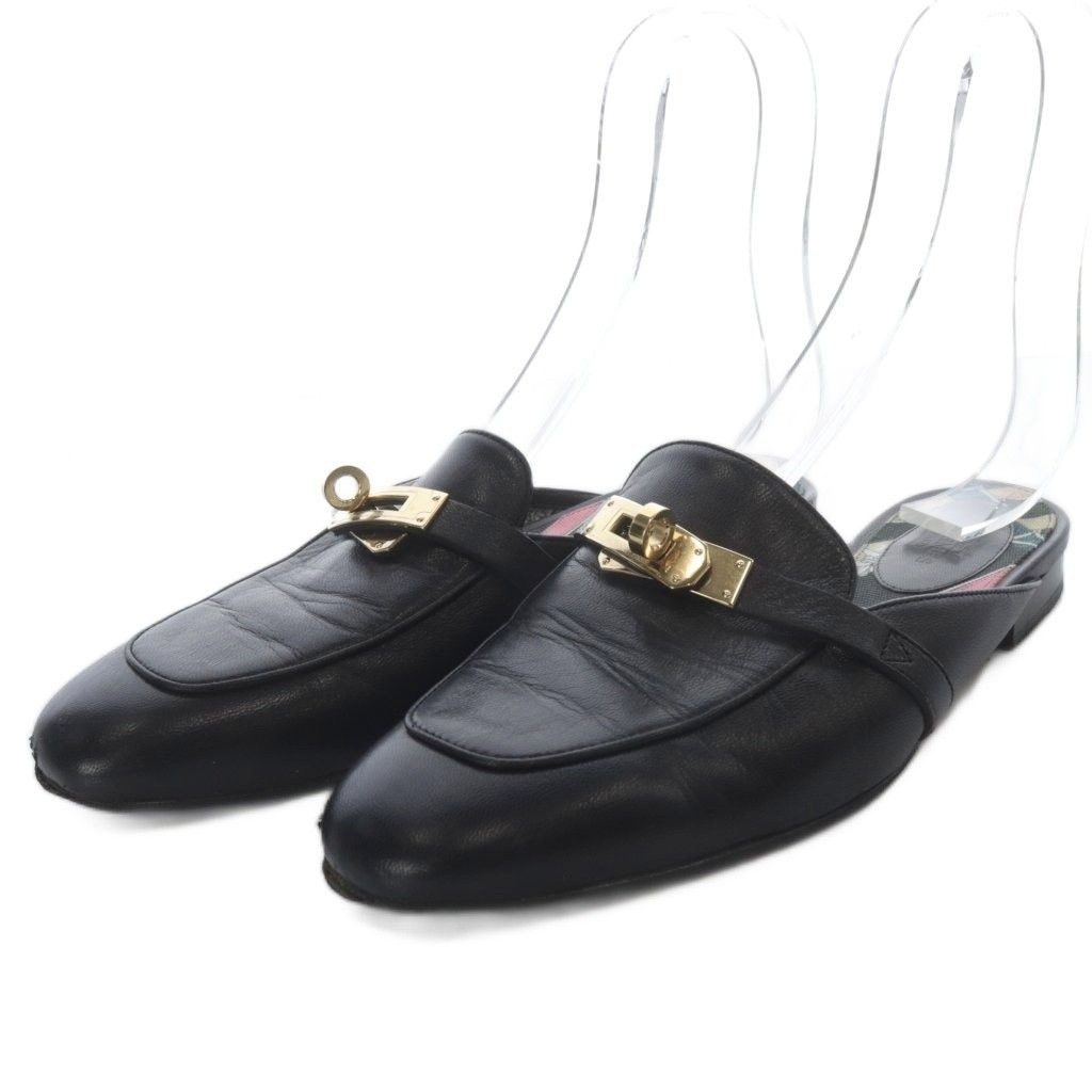 Hermes OZ Kelly Buckle Sandals Low Heel Leather 37.5 Black