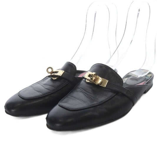 Hermes OZ Kelly Buckle Sandals Low Heel Leather 37.5 Black