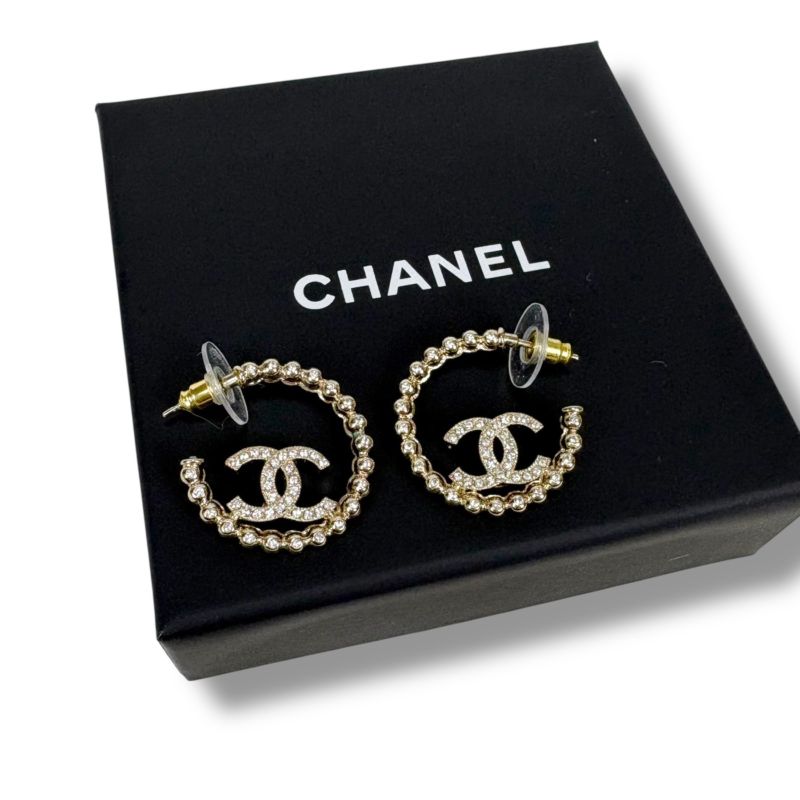 Chanel Hoop Earrings Coco Logo CC Logo Rhinestone 2025 C25P Gold Hardware