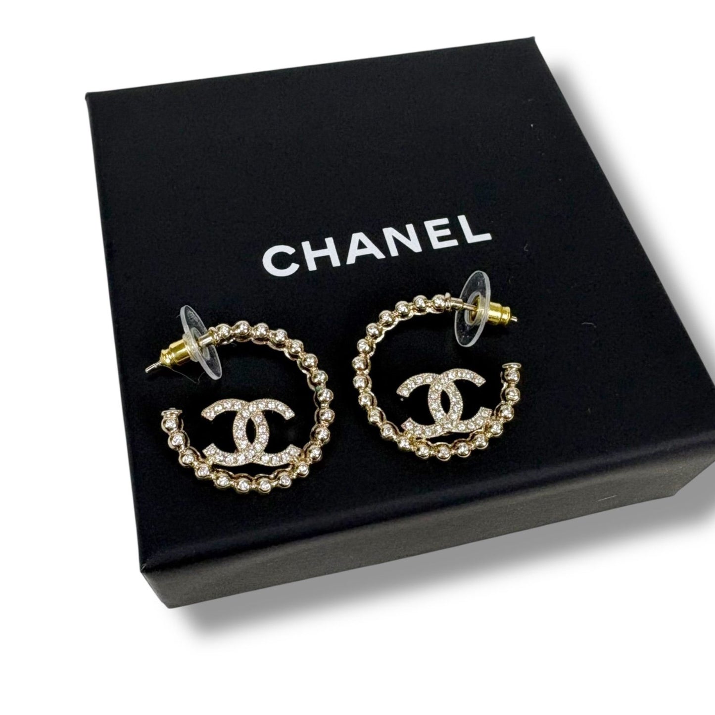 Chanel Hoop Earrings Coco Mark Logo Cc Logo Rhinestone 2025 C25p Gold Hardware