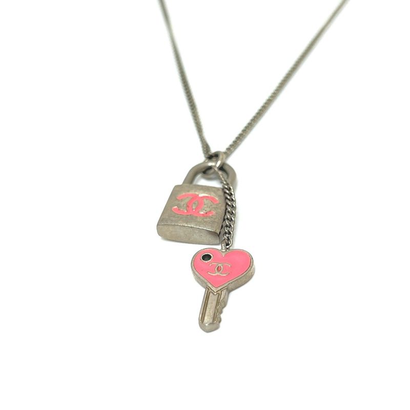 Chanel Necklace Coco Mark Padlock Cadenna Heart Key Metal Silver