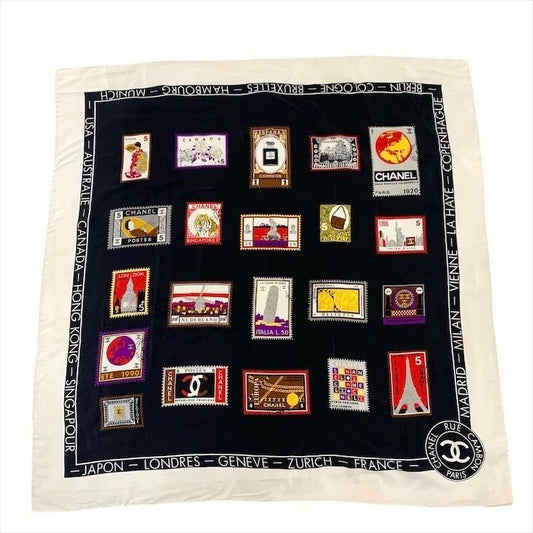 Chanel CC Logo Large Scarf Silk Worl Pattern Black Red White