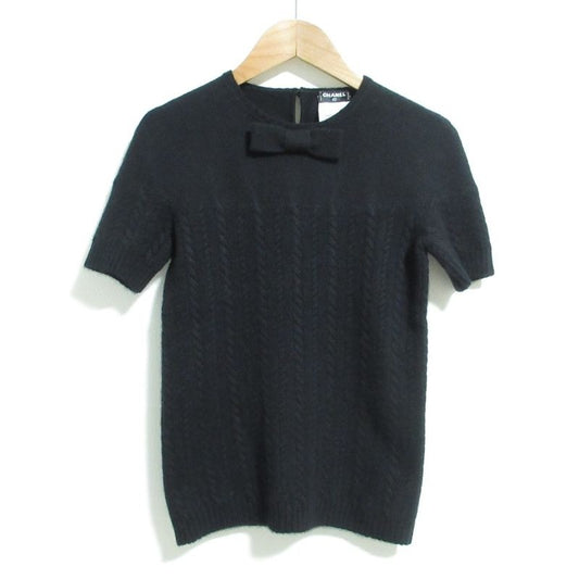 Chanel Cashmere Short Sleeve Ribbon Cable Knit Sweater Size 34 Black
