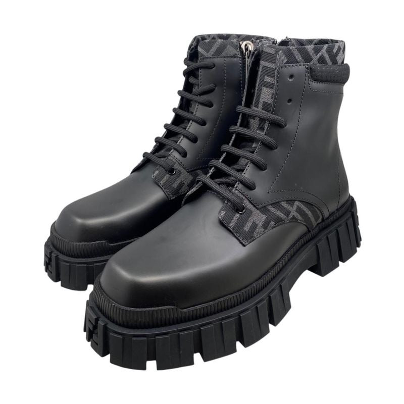 Fendi Ankle Boots Zucca Pattern Lace Up 7 U1458 6 Sizes Leather FF Logo Black