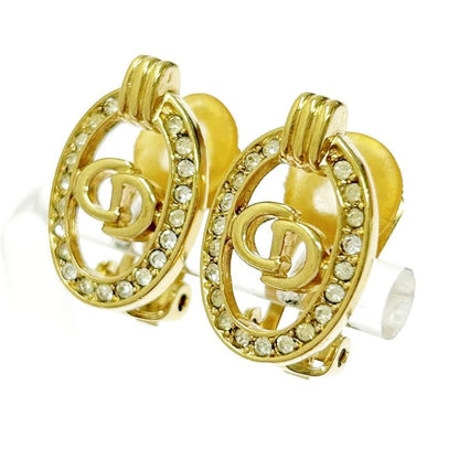 Christian Dior GP Rhinestone CD Logo Oval Earrings Gold 364052 Earrings