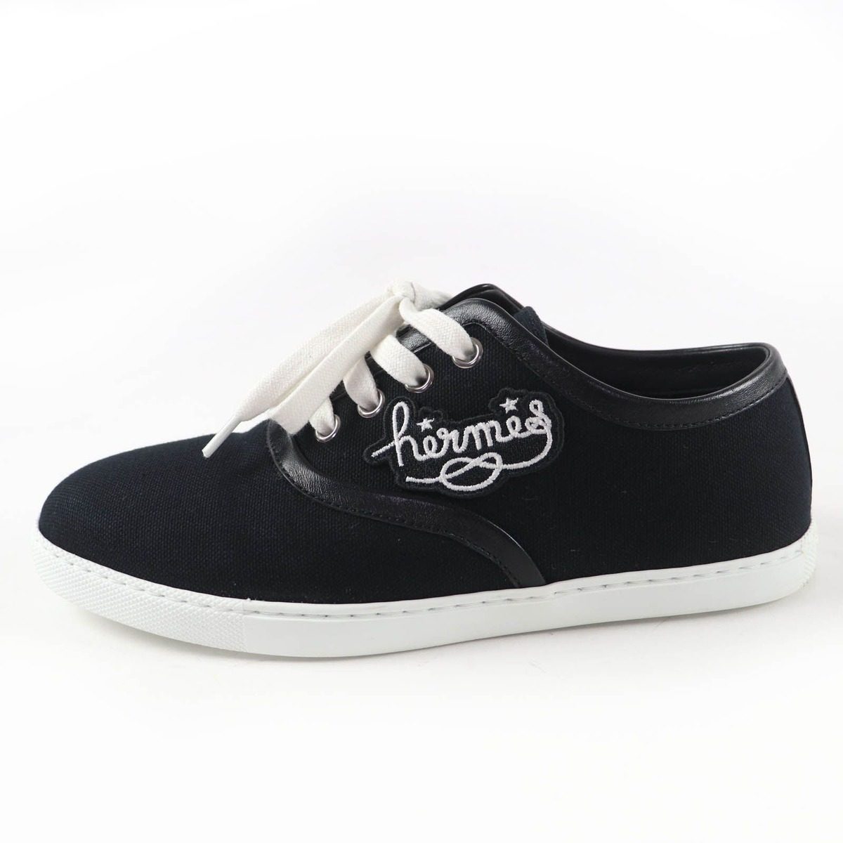 Hermes Innocent Leather Logo Patch Lace Up Low Cut Sneakers Black 36.5 Handbag — view 5
