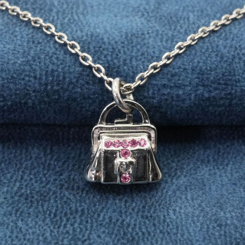 Celine Bag Shape Necklace Silver Pink Stone Bag 24-4636