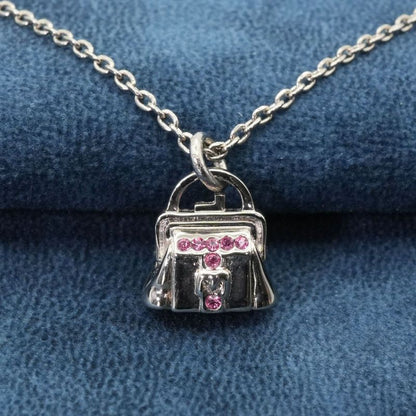 Celine Bag Shape Necklace Silver Pink Stone Bag 24-4636