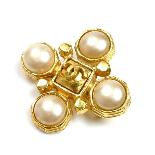 Chanel Metal Coco Mark Faux Pearl Brooch 24 g