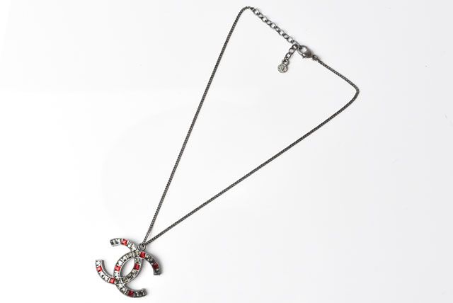 Chanel Necklace Pendant Chanel Coco Mark CC Rhinestone Gunmetal Red