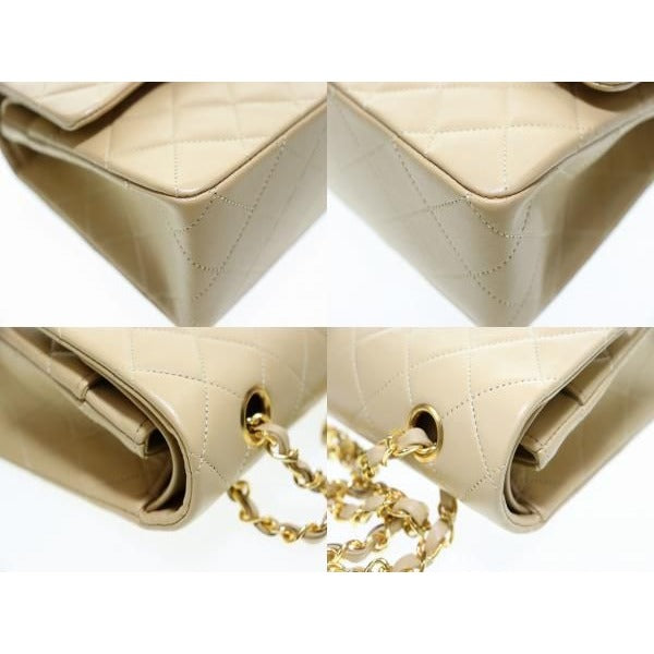 Chanel Quilted Lambskin Double Flap Chain Handbag Beige Gold Aa — view 4