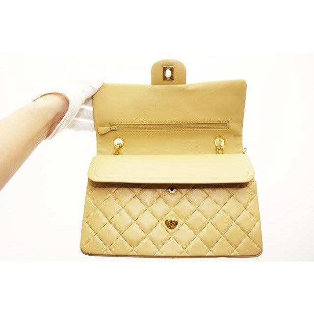 Chanel Quilted Lambskin Double Flap Chain Handbag Beige Gold Aa — view 5
