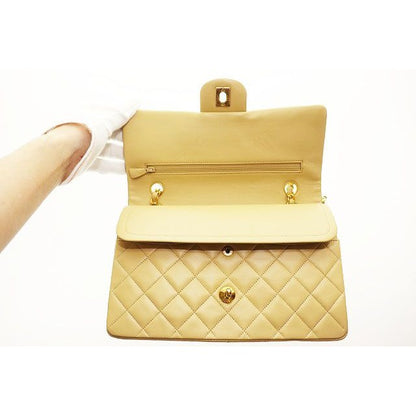 Chanel Quilted Lambskin Double Flap Chain Handbag Beige Gold Aa — view 5