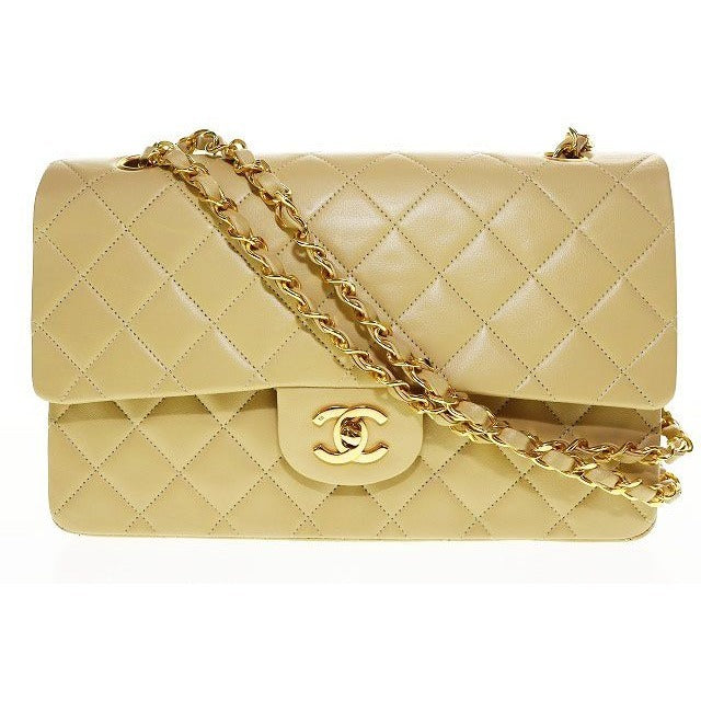 Chanel Quilted Lambskin Double Flap Chain Handbag Beige Gold Aa