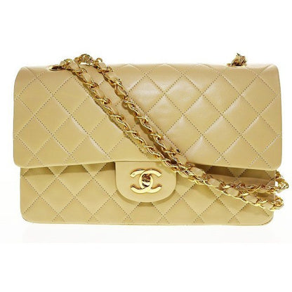 Chanel Quilted Lambskin Double Flap Chain Handbag Beige Gold Aa