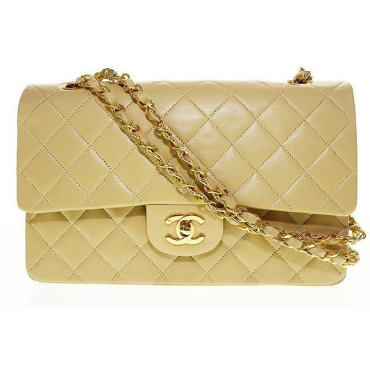 Chanel Quilted Lambskin Double Flap Chain Handbag Beige Gold Aa
