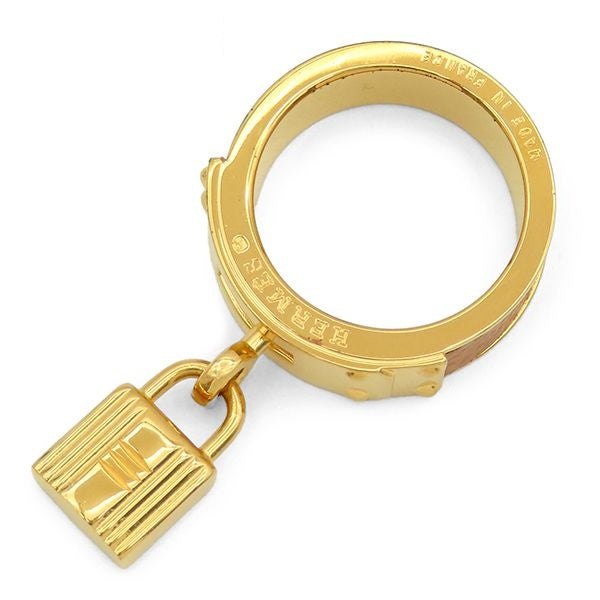 Hermes Scarf Ring Kelly Cadena Metal Leather Gold Brown Motif