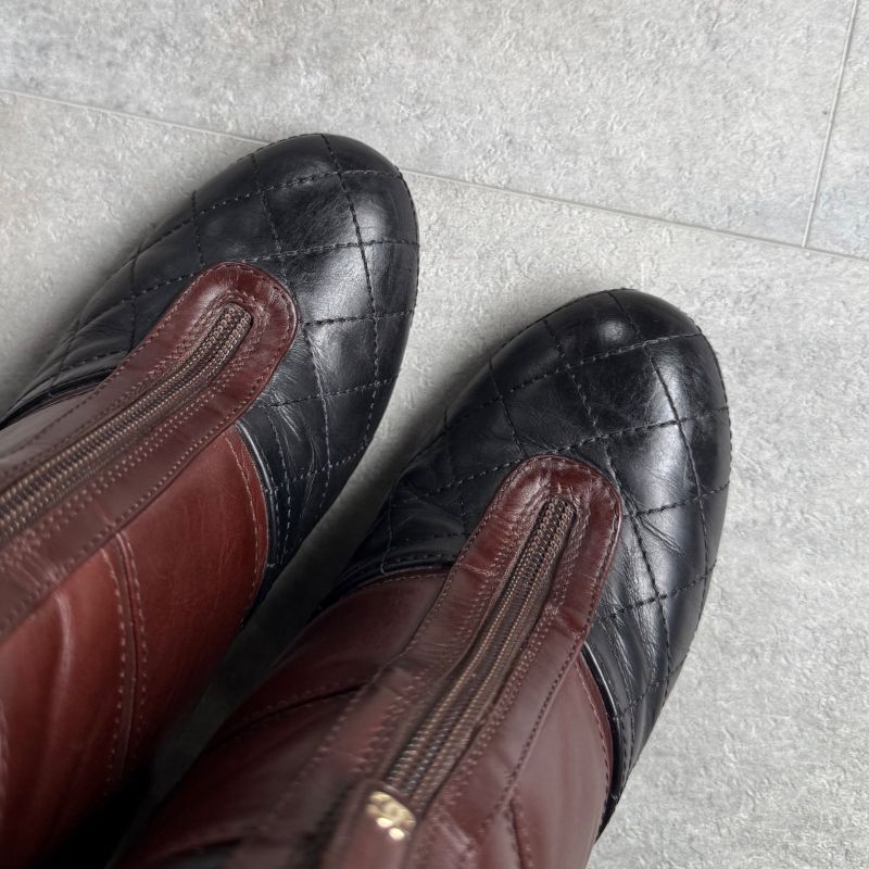 Chanel Matelasse Coco Mark Zip Up Boots Leather Brown Black Bicolor 37c 24cm
