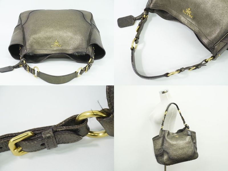 Authentic Prada Leather Shoulder Bag Gold Tone Bag Pre-owned [follow-up Discount