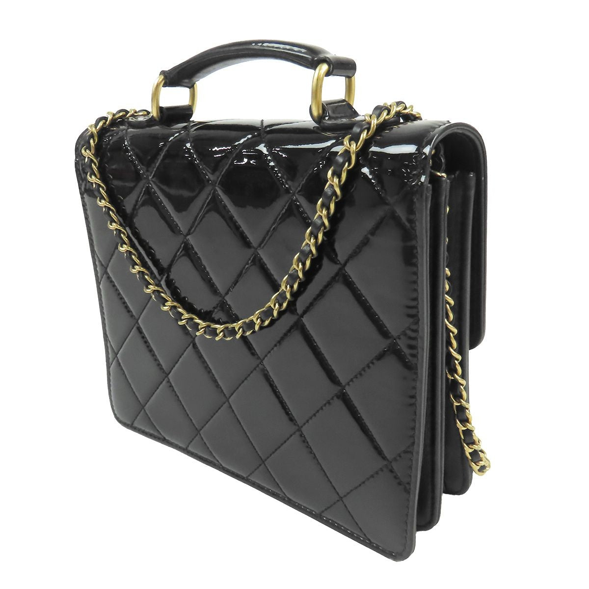 Chanel Top Handle Flap Bag Black Gold Patent Leather Quilted 2-Way — view 2