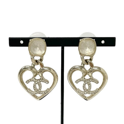 Chanel Earrings Gold Coco Mark Rhinestone Bijou Heart