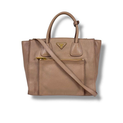 Prada 2-Way Tote Shoulder Bag Vittero Dino Leather Triangle Logo Pink Beige