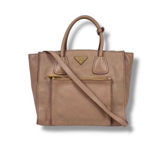 Prada 2-Way Tote Shoulder Bag Vittero Dino Leather Triangle Logo Pink Beige