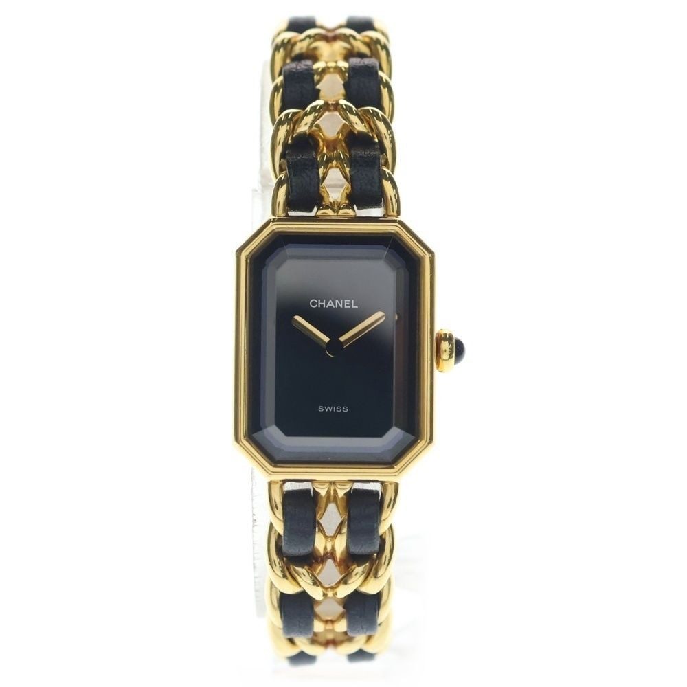 Chanel Premiere XXL Black Dial Watch Gold SS Leather Quartz