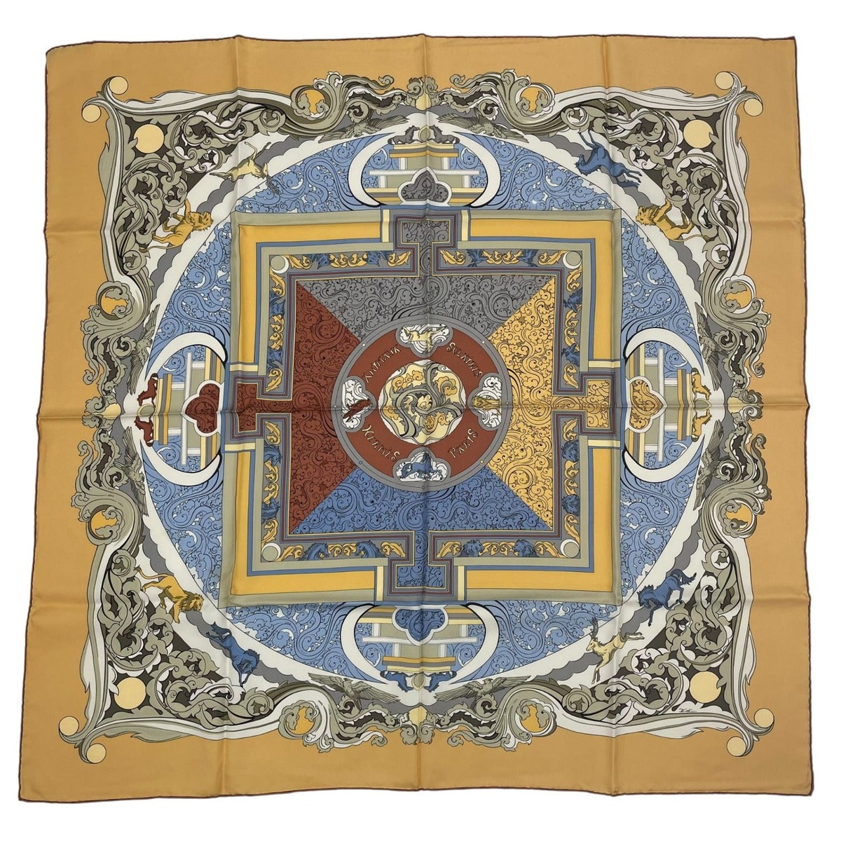 Hermes Scarf Silk Carre 90 Animaux Solaires Sun Animals Yellow