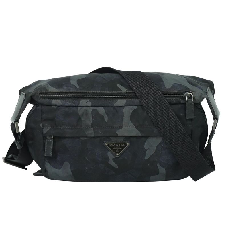Authentic Prada Camouflage Pattern Messenger Bag Nylon Black Gray Navy Bag