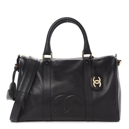 CHANEL Caviar Leather Large Bowler Bag Travel Bag Duffle Black CC Tote