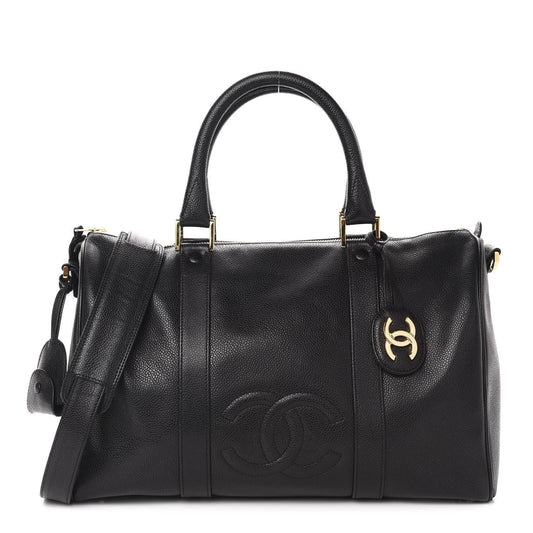 CHANEL Caviar Leather Large Bowler Bag Travel Bag Duffle Black CC Tote