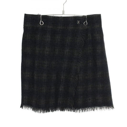 Chanel Skirt Lion Button Tweed Fringe Wool Navy Black. Gray