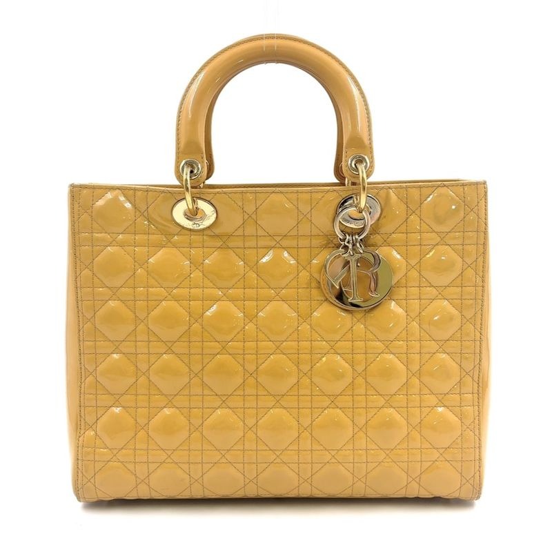 Christian Dior Cannage 2-Way Shoulder Bag Patent Leather Beige Handbag